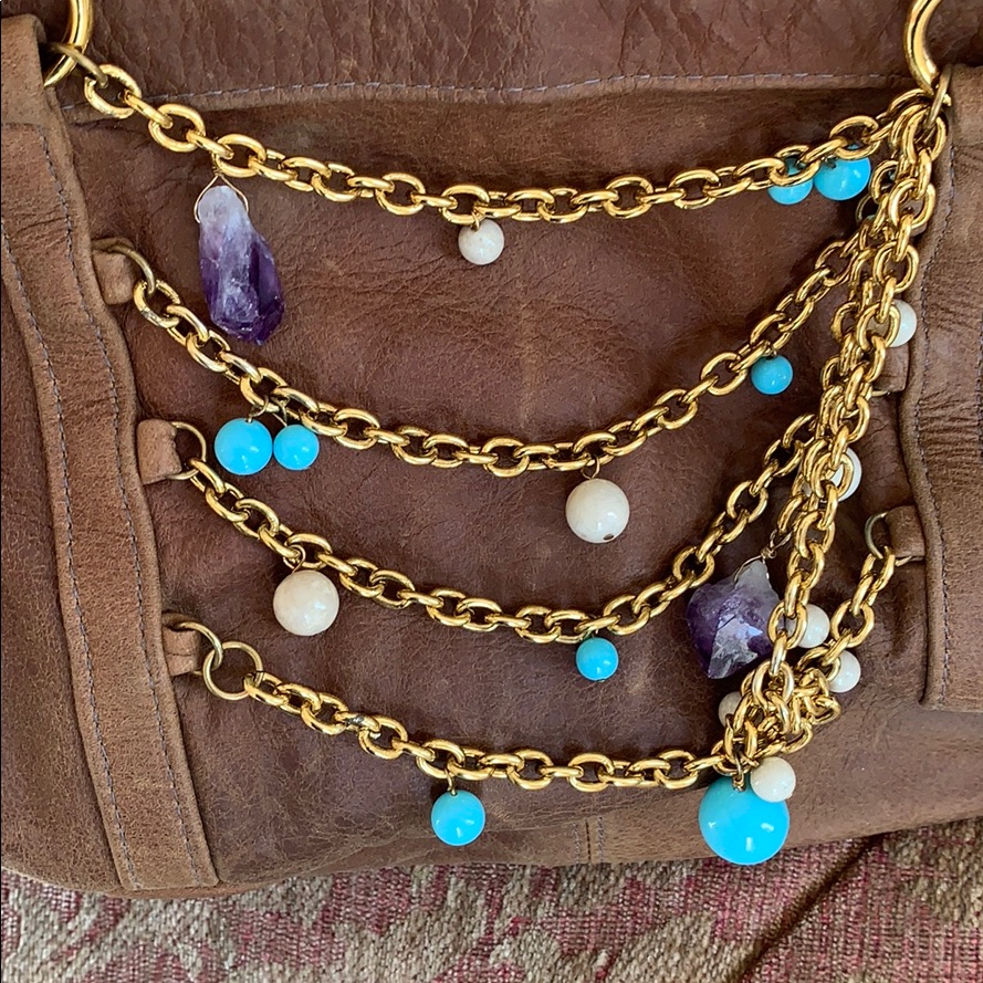 Leather Shoulder Bag With Genuine Gemstones